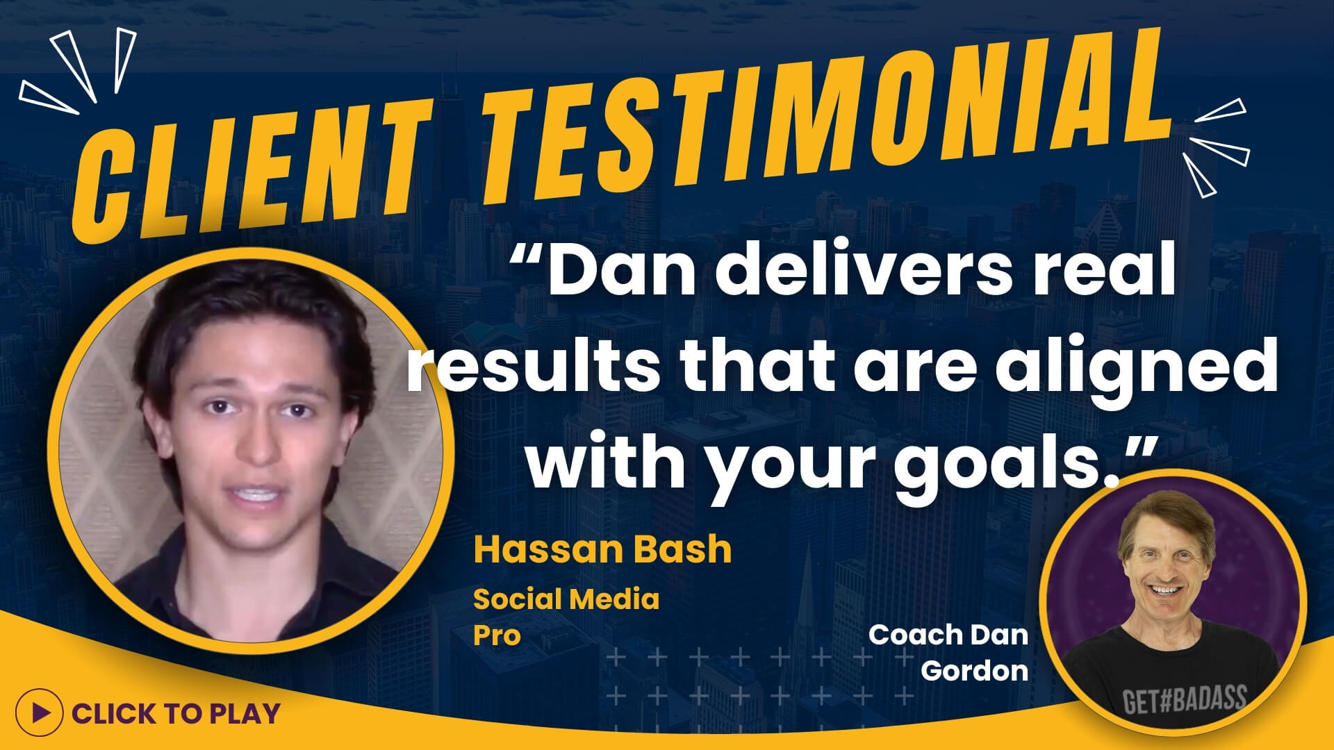 Hassan Bash, in a professional setting, endorsing Coach Dan Gordon, with text highlighting the results-oriented guidance he received.