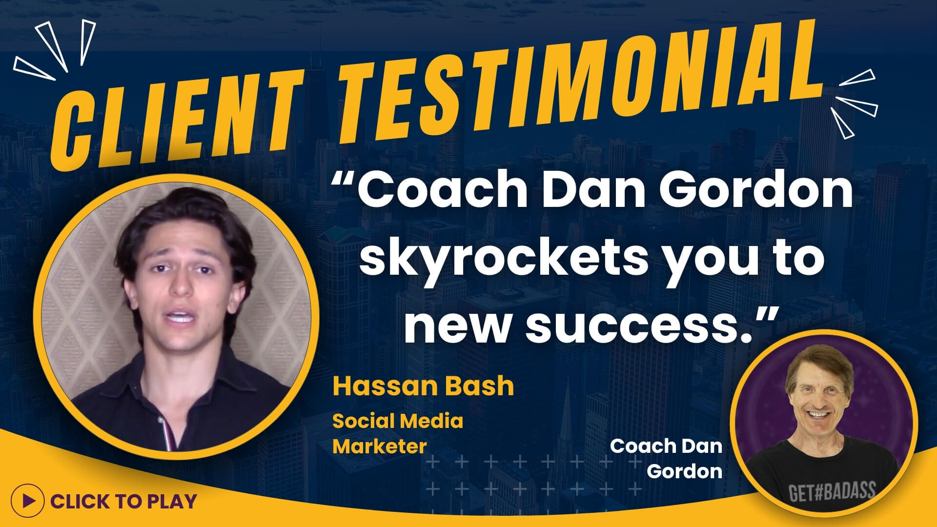 Hassan Bash, dressed in a casual black shirt, praising Coach Dan Gordon's role in his career success.