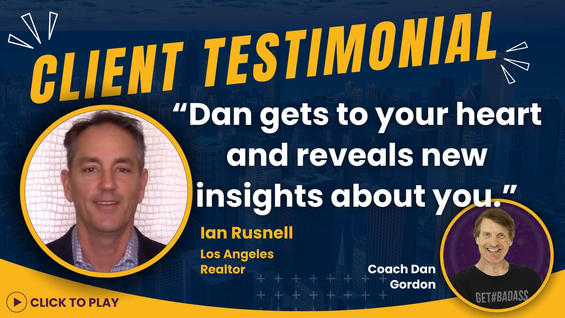 Ian Rusnell, smiling in a professional portrait, provides a heartfelt testimonial for Coach Dan Gordon, referencing personal insights gained.