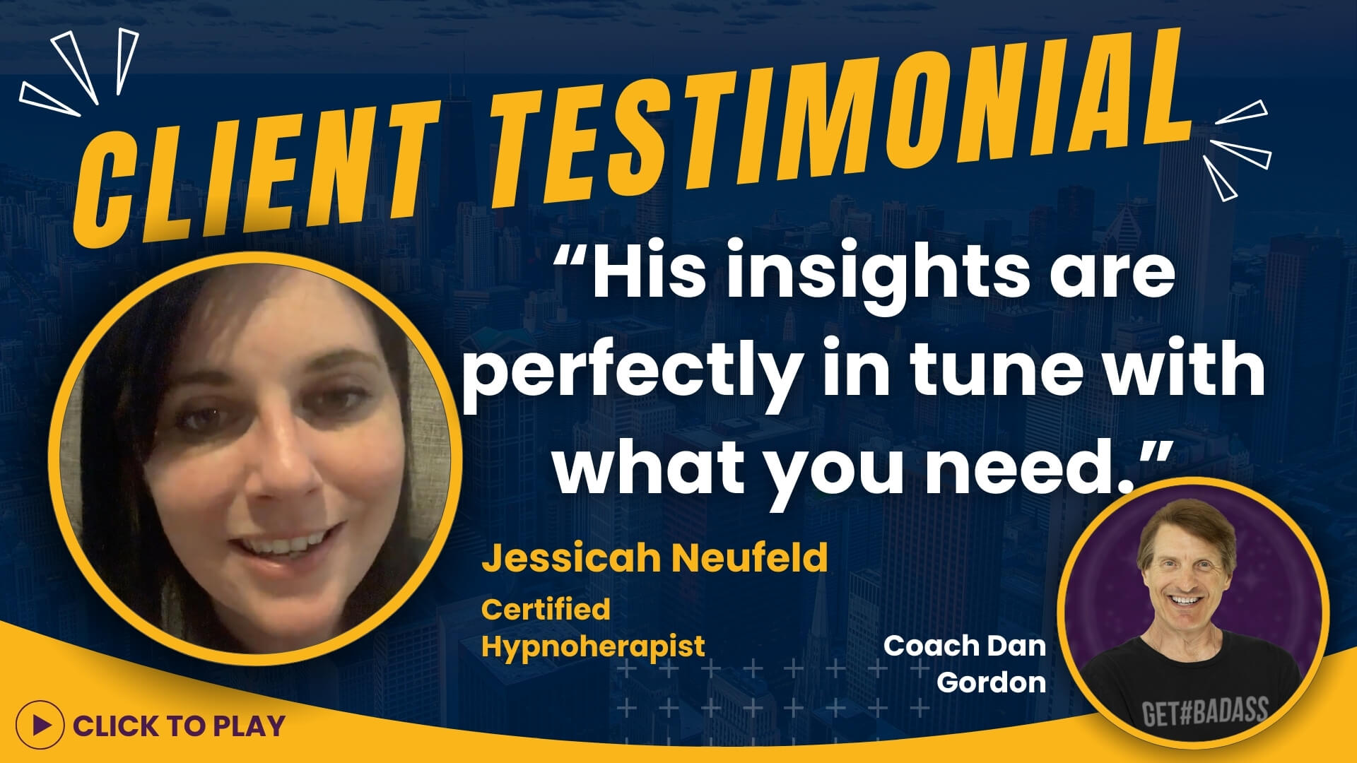 Jessicah Neufeld, certified hypnotherapist, provides a video testimonial expressing how Coach Dan's insights were exactly what she needed.