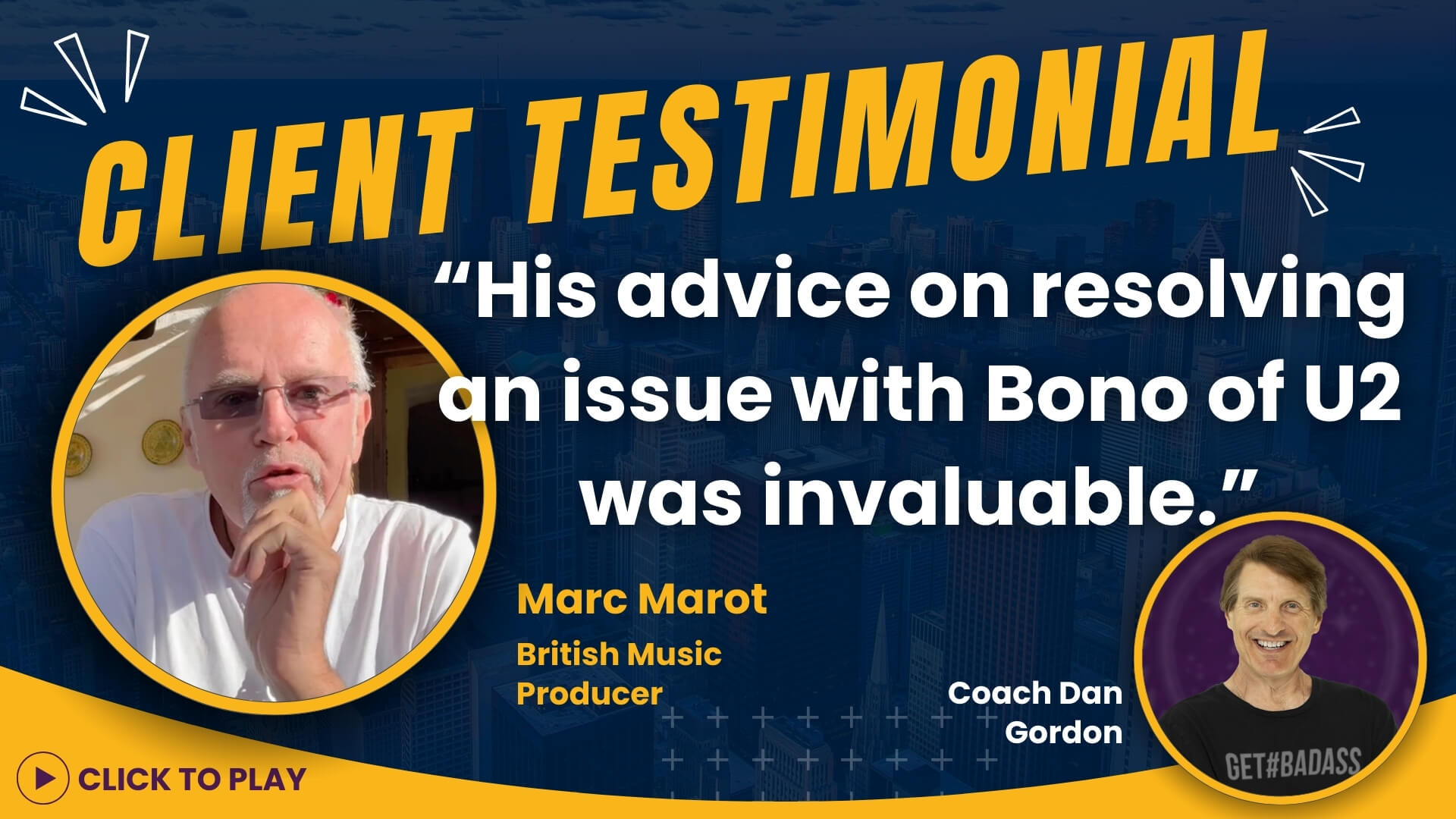 British Music Producer Marc Marot commends Coach Dan Gordon, with both featured in smiling portraits and a testimonial quote about invaluable advice.