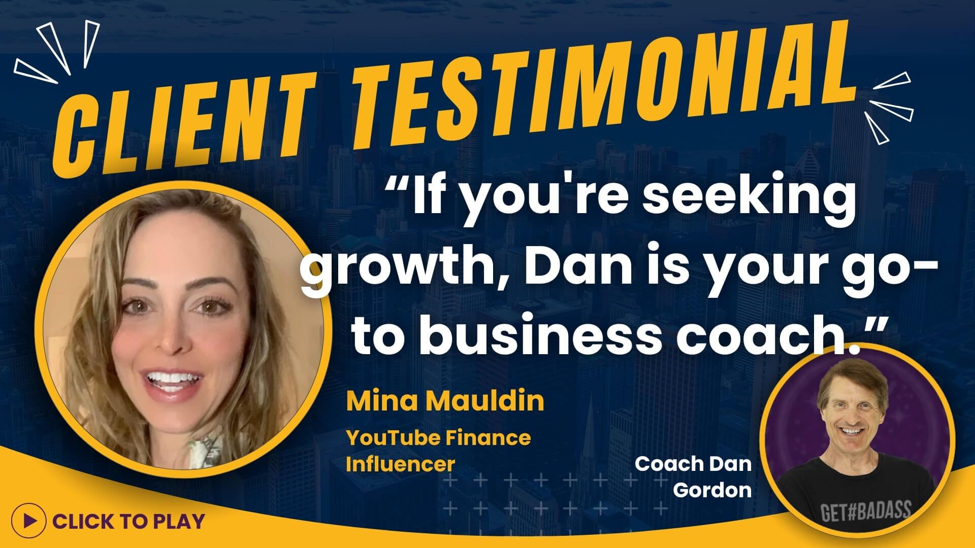 A positive client testimonial from Mina Mauldin, a YouTube Finance Influencer, praising Coach Dan Gordon's guidance.