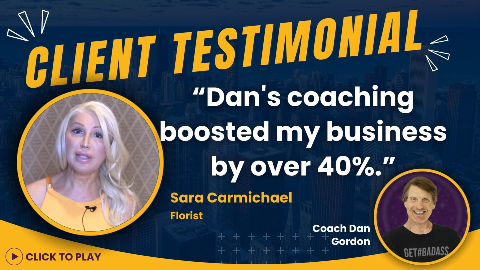 Video testimonial thumbnail showing florist Sara Carmichael, crediting Coach Dan Gordon for a significant boost in her business.