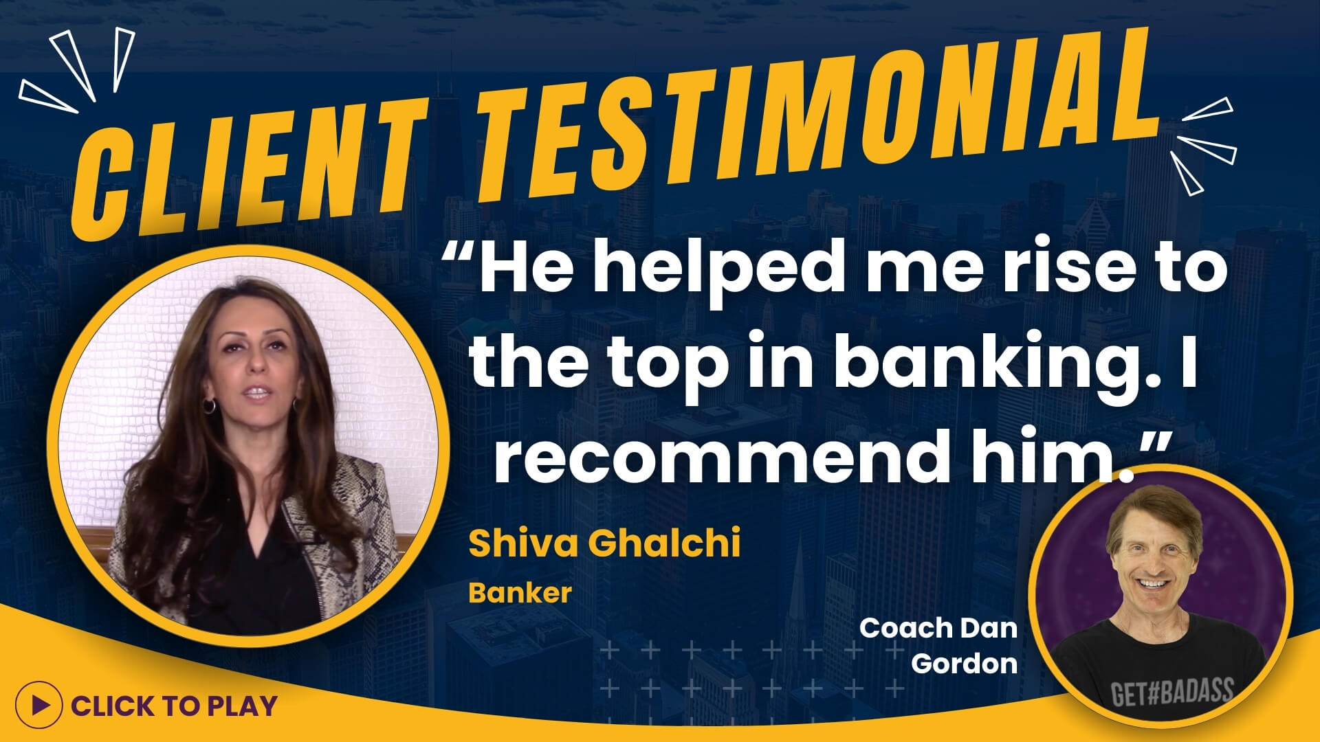 Shiva Ghalchi, dressed in a professional blazer, shares her second testimonial, crediting Coach Dan Gordon with helping her climb to the top of the banking industry.