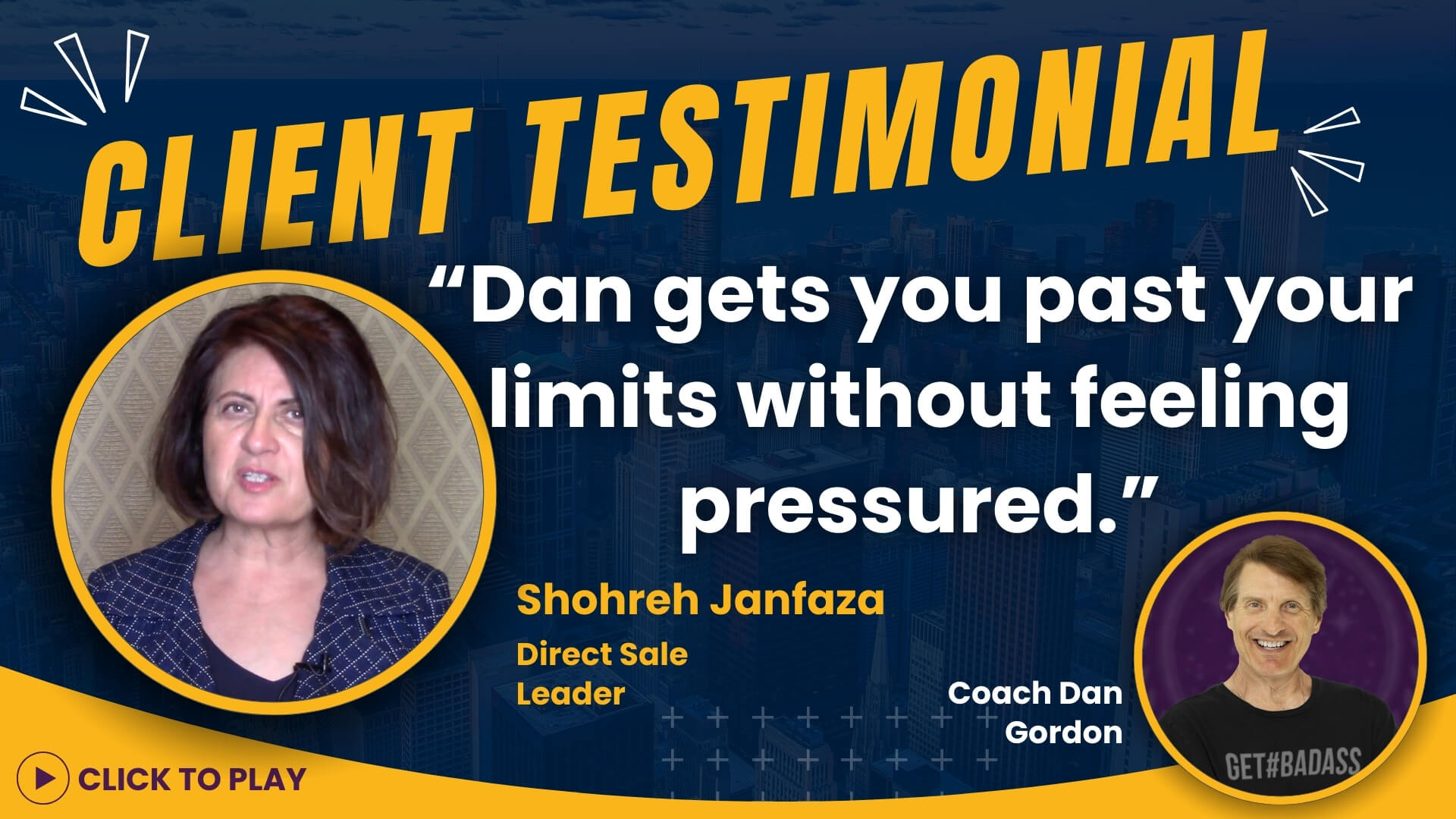 Shohreh Janfaza, a direct sales leader, shares a testimonial for Coach Dan Gordon, mentioning how he helps push limits without pressure.
