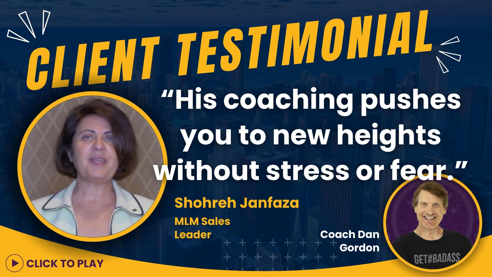 Shohreh Janfaza, a leader in direct sales, gives a video testimonial for Coach Dan Gordon, emphasizing his role in elevating her career in multi-level marketing without stress or fear.